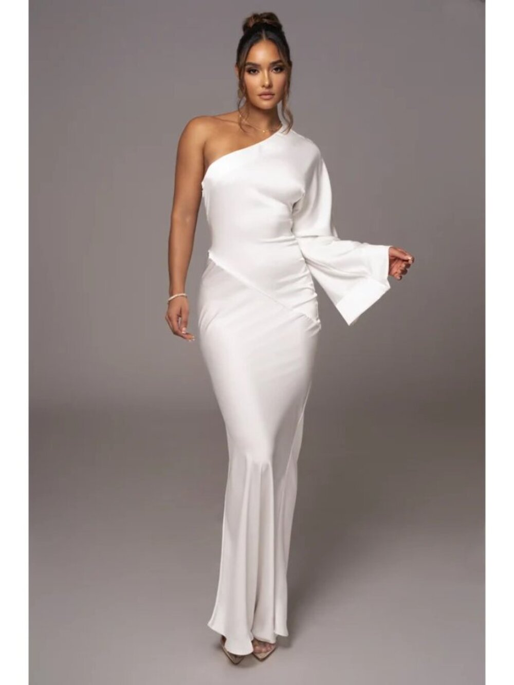 JLUXLABEL Femme Drape Satin One Shoulder Bell Sleeve White Maxi Dress